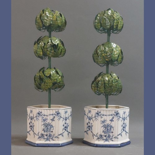 Pair Of  Three Ball Tole Topiaries In Planters