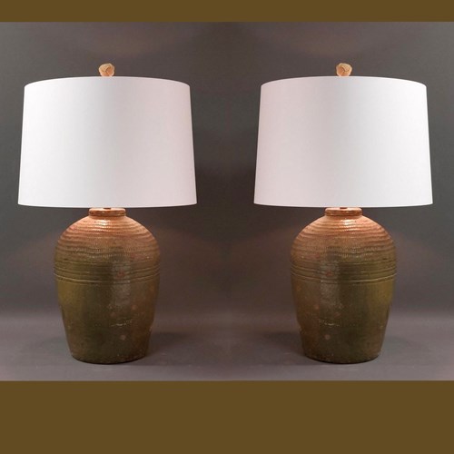 Pair Of Vintage Green Glazed Terracotta Pots As Lamps