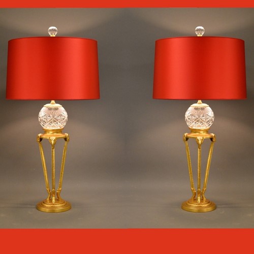 Pair of 80's crystal and brass table lamps
