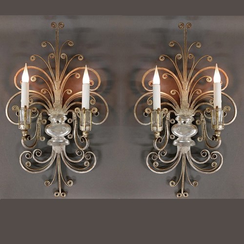 Pair Of  Banci Firenze Wrought Iron And Glass Wall Lamps