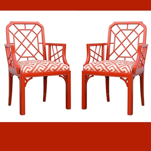 Pair of Chippendale coral red arm chairs
