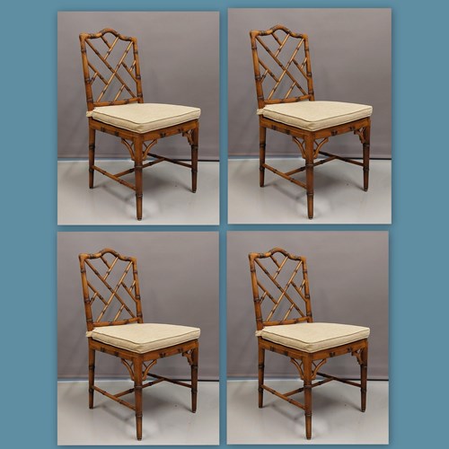 Set Of 4 Vintage Chippendale Faux Bamboo Side Chairs