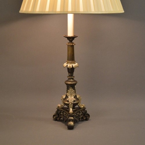 Single Antique Bronze Tripod Lamp Silvered Details