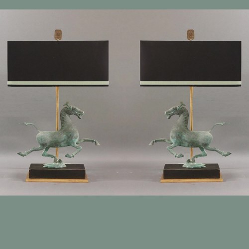 Pair Of Verdigris Bronze Tang Horses As Lamps