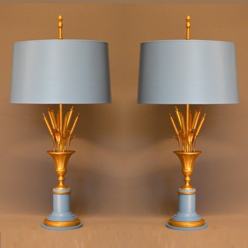 Pair Of 60'S Cat Tail In Urn Table Lamps
