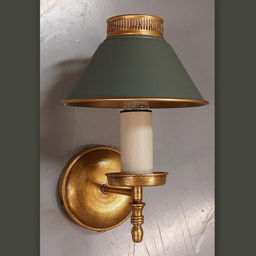 Pair Country Style Wall Lamps With Painted Tole Shades, 3 Pairs Available