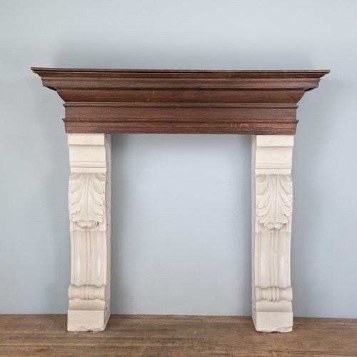 19th Century stone and oak fire surround