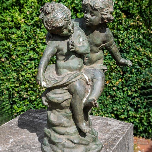 Antique Bronze Statue Of Two Children
