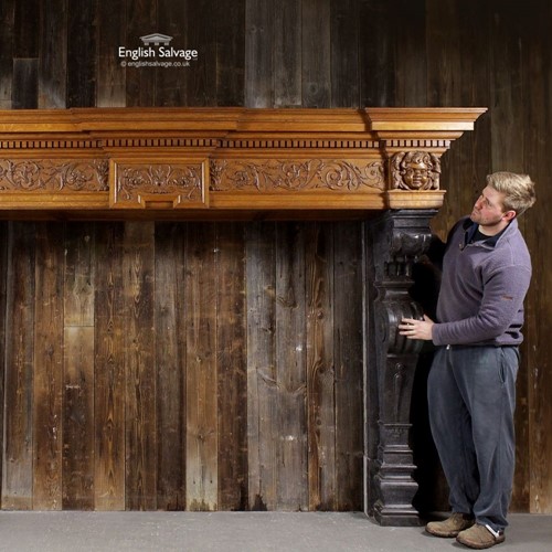 Large Late 19C Oak Surround Mantel Stone Legs