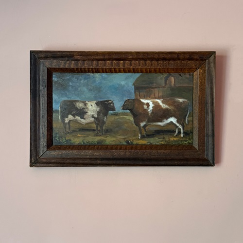 19Th Century Primitive Painting Of Two Cows