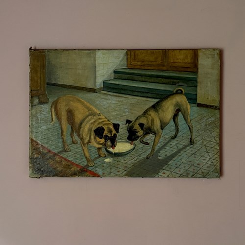Naive Late 19Th Century Painting Of Two Dogs