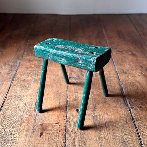 Primitive 19Th Century Painted Stool With Duck Carving
