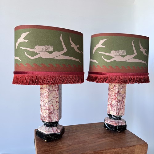 Pair Of Italian Mid-Century Modern Marble Table Lamps With Bespoke Shades