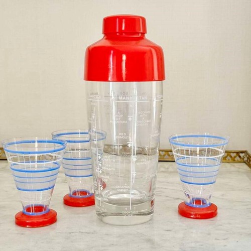 Vintage red lucite & glass recipe cocktail shaker & tumblers set