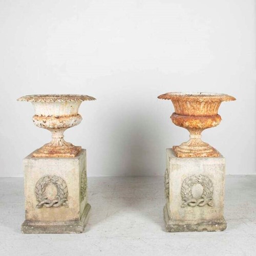 Pair Of 19Th Century Cast Iron Urns On Mid-20Th Century Composition Stone Pedestals