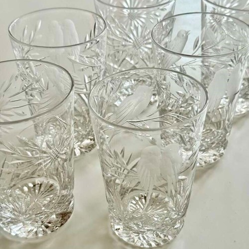 Six French bird etched & cut glass tumblers Circa 1900s