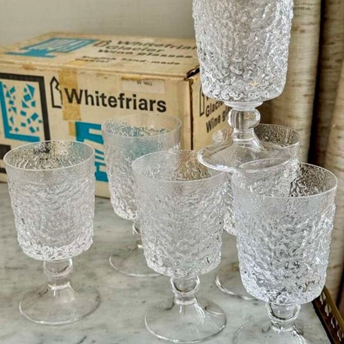6 Whitefriars Glacier handmade crystal white wine glasses C1970