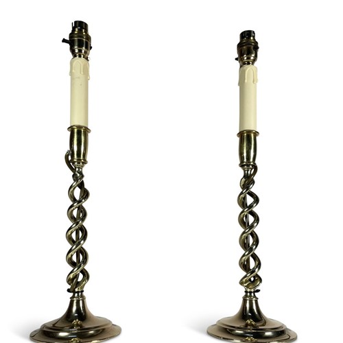 Pair Of Brass Wrythen Twist Candlestick Table Lamp
