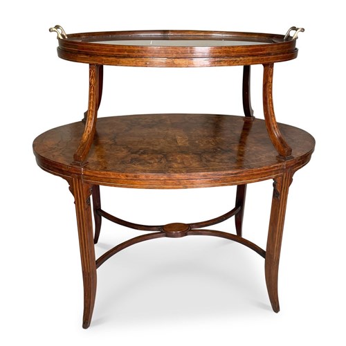 Oval Inlaid Burr Walnut And Rosewood Two Tiered Low Table With Grass Tray