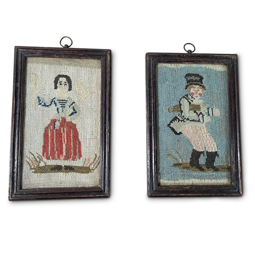 Pair Of Framed Folk Art George III Needlepoints Of Two Peasants