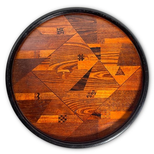Circular Geometric Parquetry Oak Serving Tray With Ebonised Gallery