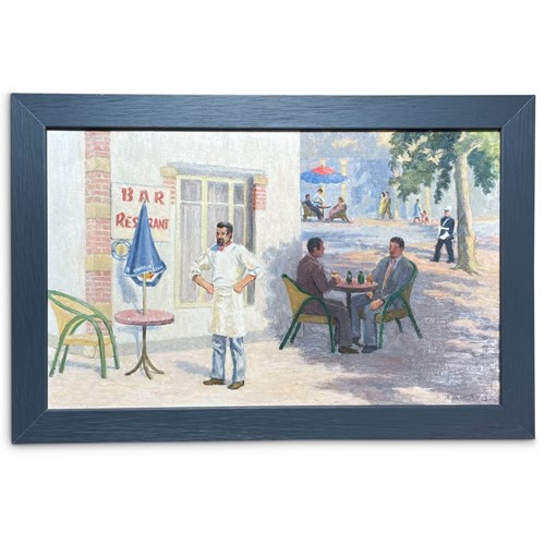 Oil On Board Of A French Café Scene Signed R A Le Bas