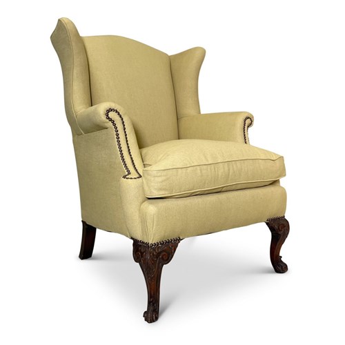 Queen Anne Style Wingback Armchair On Carved Walnut Cabriole Legs
