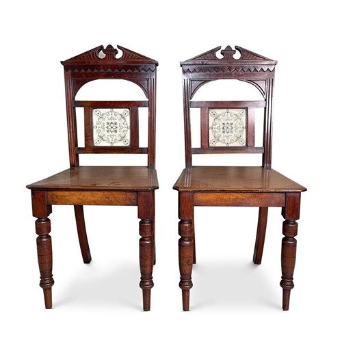 Pair Of Mahogany Hall Chairs Inset With Minton Tiles