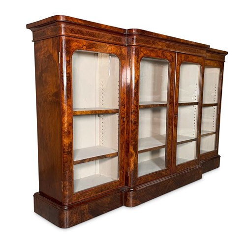 William IV Burr Walnut Inlaid Breakfront Glazed Bookcase