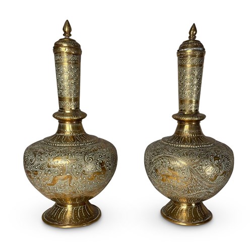 Pair Of Brass Lidded Urns