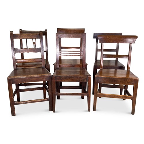 Assorted Set Of Six George III Elm And Oak Dining Chairs