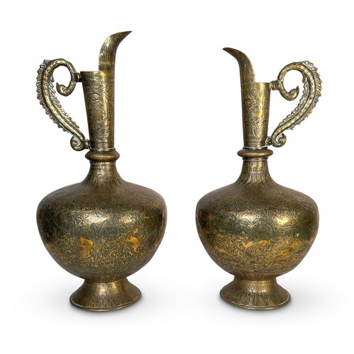 Pair Of Chase Engraved Brass Ewers