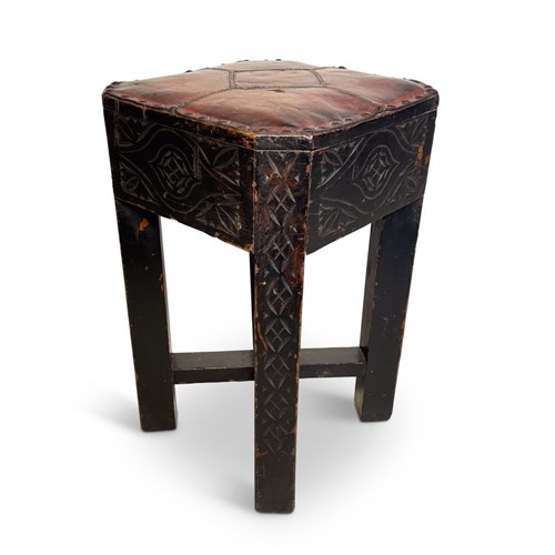 Carved Oak Stool With Red Leather Top