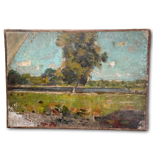 Oil On Canvas Landscape With Boating Lake