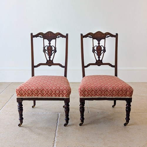 Pair Of Antique Edwardian Sheraton Revival Mahogany Salon Chairs C.1905