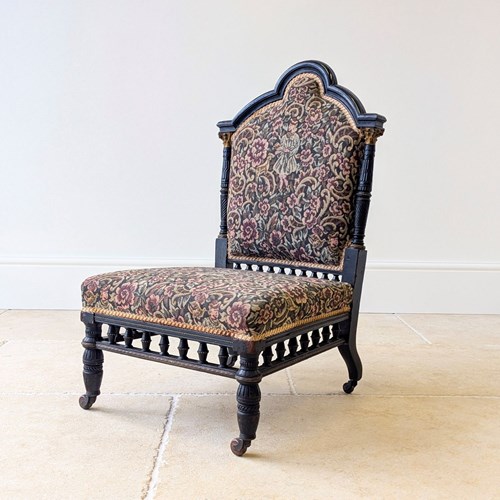 Antique Victorian Ebonised Aesthetic Movement Low Salon Chair C.1880