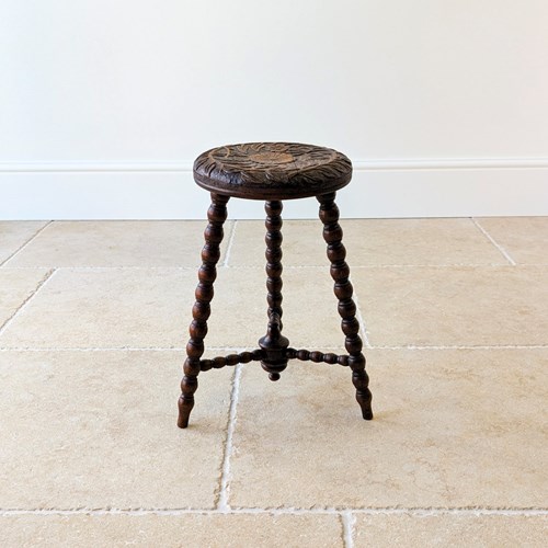 Antique Victorian Carved Oak Tripod Stool C.1890
