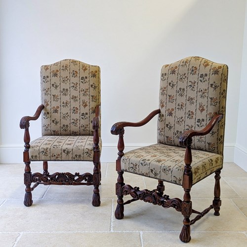 Pair Of Antique Victorian Walnut Open Armchairs C.1890
