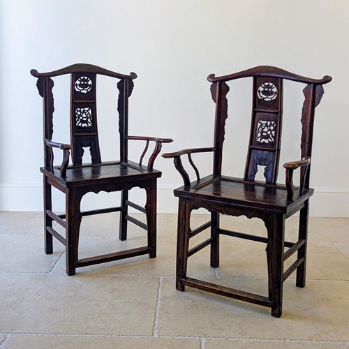 Antique Late Qing Dynasty Pair Of Yoke-Back Armchairs C.1890