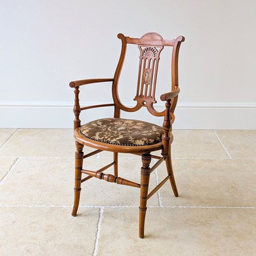Antique Victorian Satinwood Sheraton Revival Lyre-Back Desk Chair C.1890