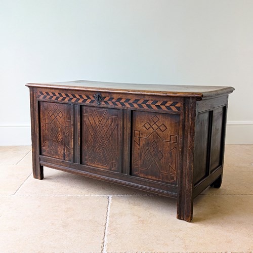 Antique Charles II West Yorkshire Inlaid Oak Coffer C.1680