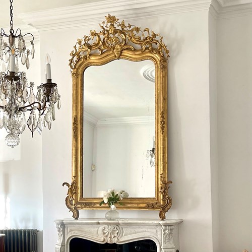 Large Antique French Gilt Leaner Mirror - Mercury Glass