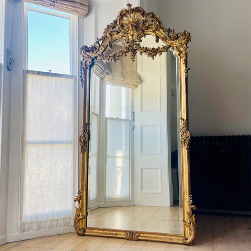Large Antique French Gilt Leaner Mirror - Bevelled Glass