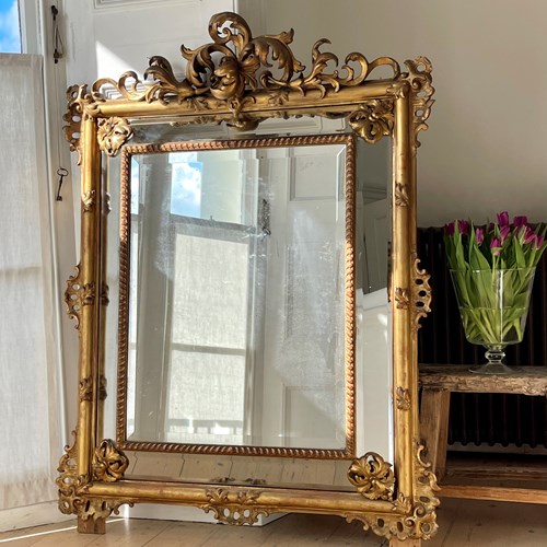 Large Antique French Gilt Cushion Mirror C1800 - Bevelled Mercury Glass 
