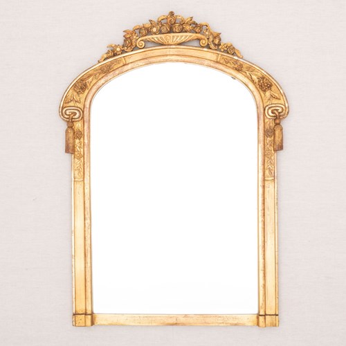 Antique French Louis Philippe Giltwood Mirror With Floral Crest – 19Th Century