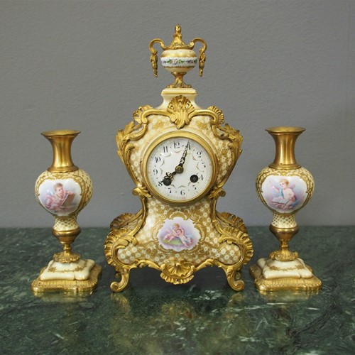 French Painted Porcelain Clock Garniture