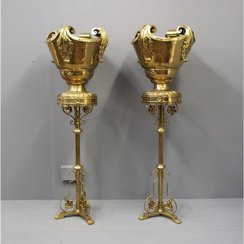 Pair of Gothic Style Cast Brass Stands and Urns