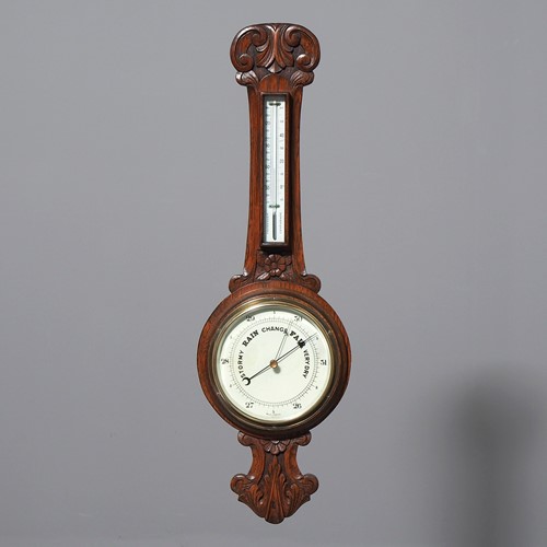 Edwardian Carved Oak Barometer and Thermometer