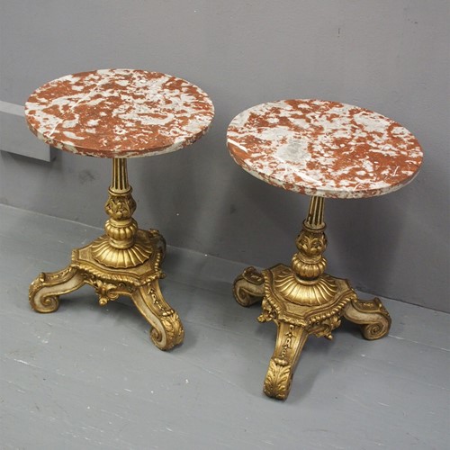 Pair of Marble Top and Gilded Occasional Tables