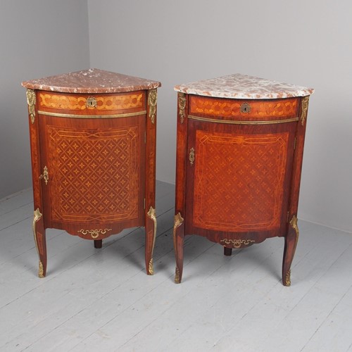 Matched Pair of French Inlaid Corner Cabinets